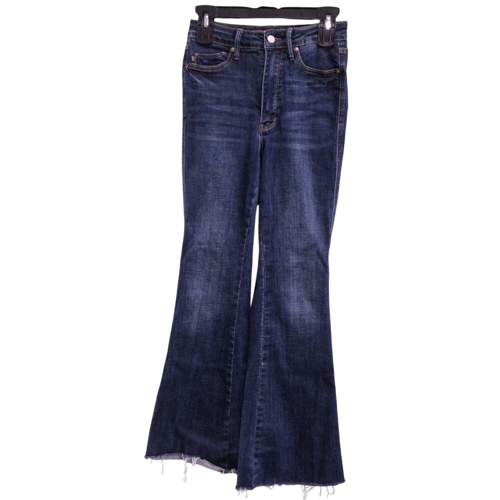 Judy Blue Womens Low Rise Flare Fit Dark Wash Jeans Size 1/25 Regular Raw Hem